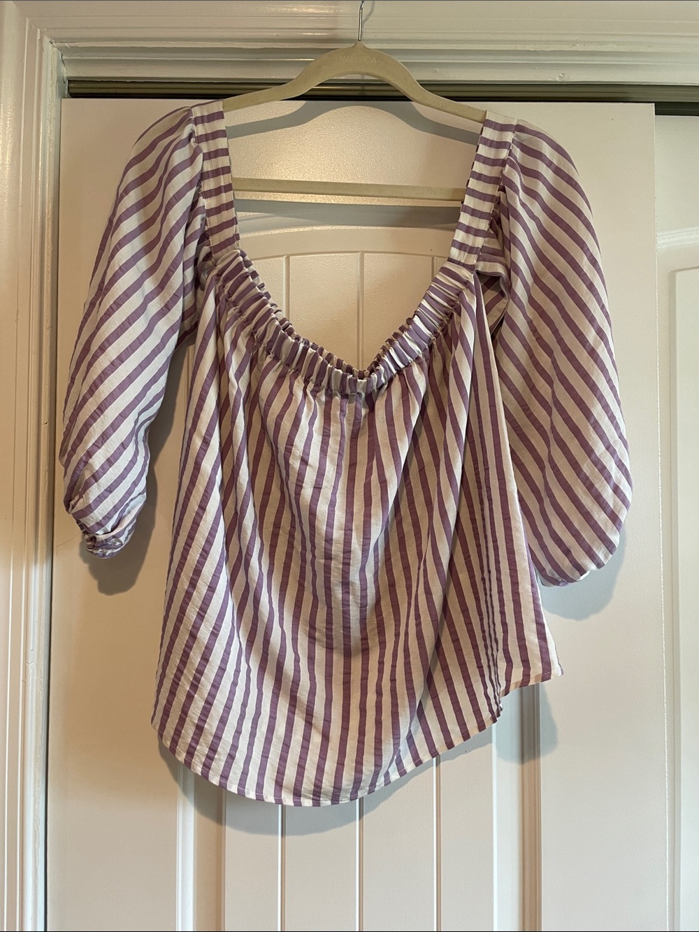 Express Lavender and White Striped Off-Shoulder Blouse